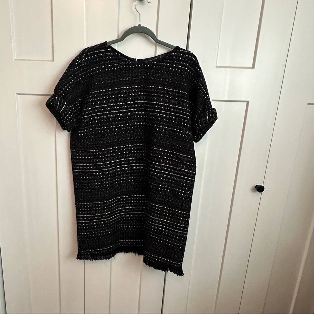 Zara Black Textured Tweed Short Dress with Color Threaded Accents